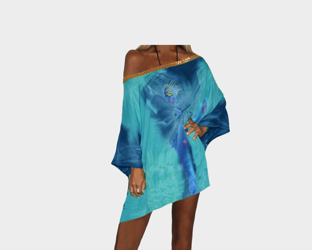 Turquoise and Deep Blue Sea One Shoulder Apres-Beach Cover-up Dress- The Mykonos