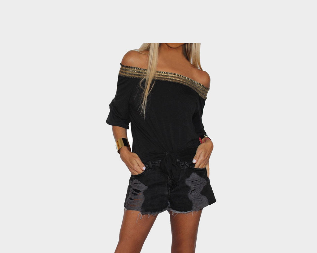 Black & Gold Off the Shoulder Top - The Roma