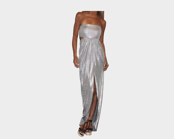 4.5 Metallic Silver Strapless Front Slit Dress - The Milan