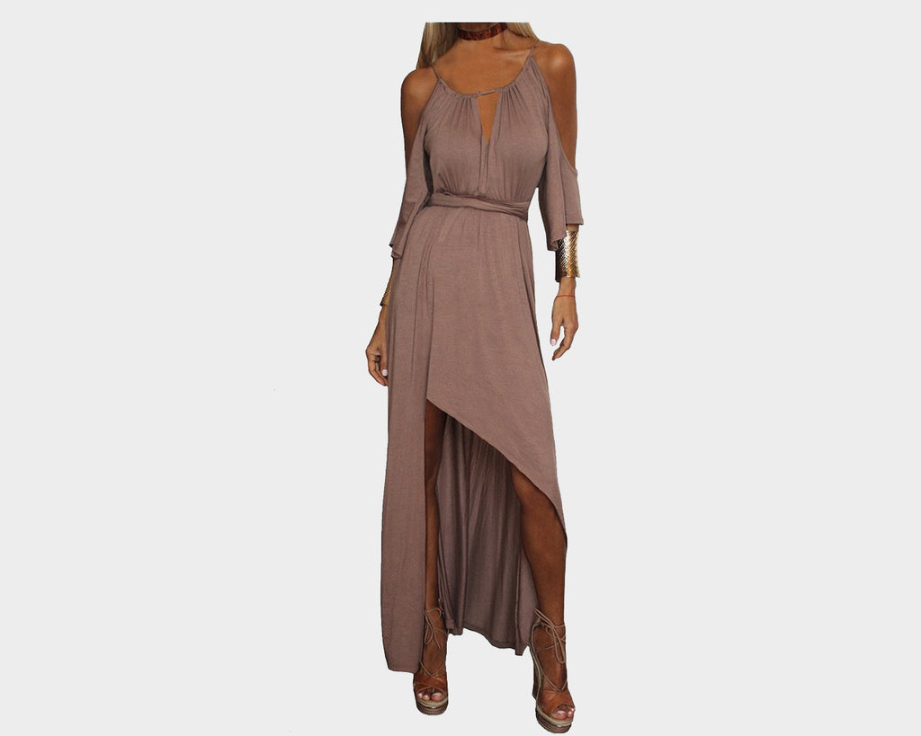 Taupe Open Shoulder Front Slit Dress - The French Riviera