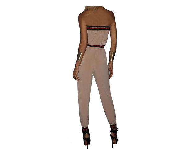 B. Taupe and Nautical Black, Red & Gold strapless Jumpsuit - The Corso Venezia