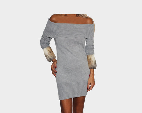 97 Gray and Sunset Taupe Knit Off the Shoulder Dress - The St. Moritz