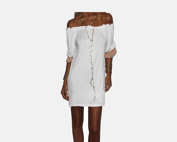 Two Tone White & Taupe Off Shoulder Dress - The Ibiza
