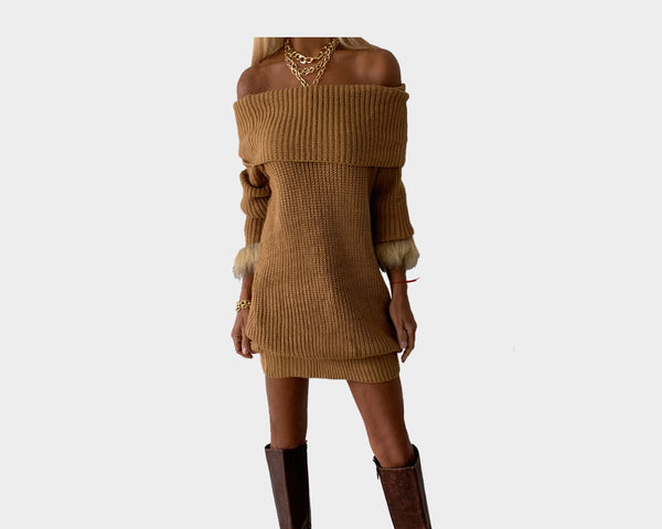 97 Taupe and Sunset Taupe Knit Off the Shoulder Dress - The St. Moritz