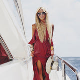 Cherry Red Open Shoulder Slit Dress - The French Riviera