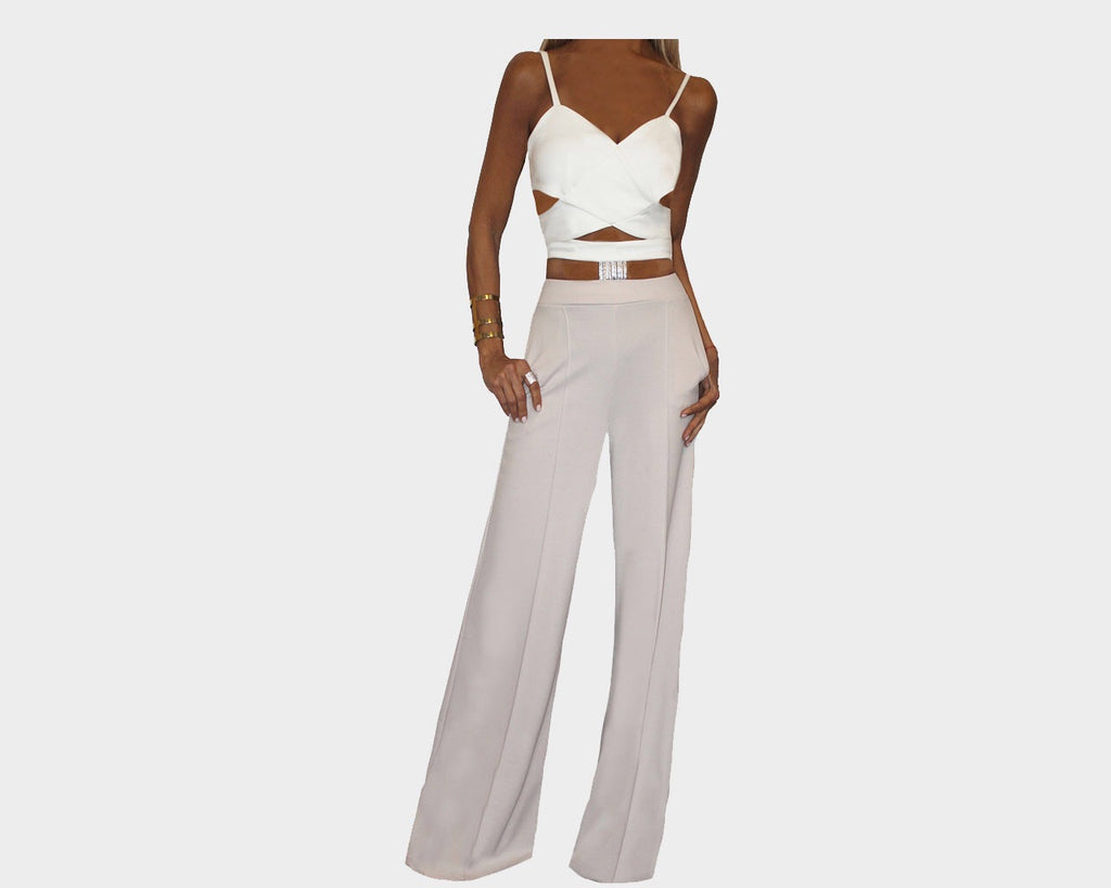 Cut-out Tuxedo Off-White & Taupe Jumpsuit - The Hamptons