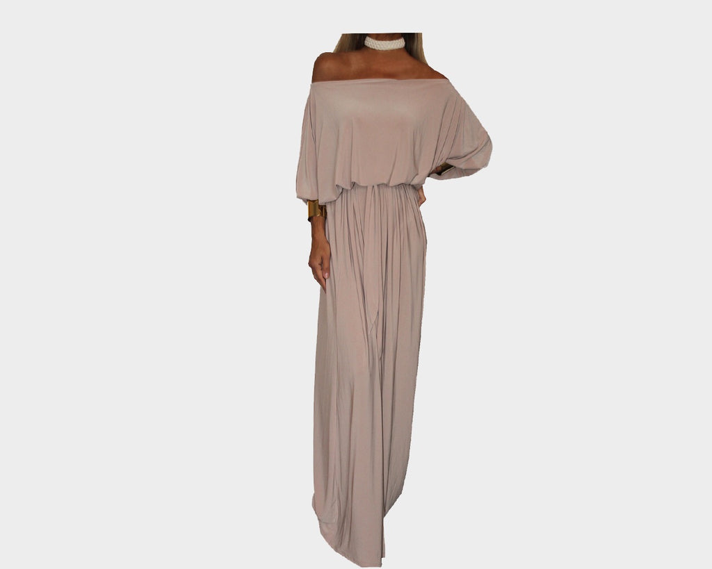 4 Angora Taupe Long Off Shoulder dress - The Milano