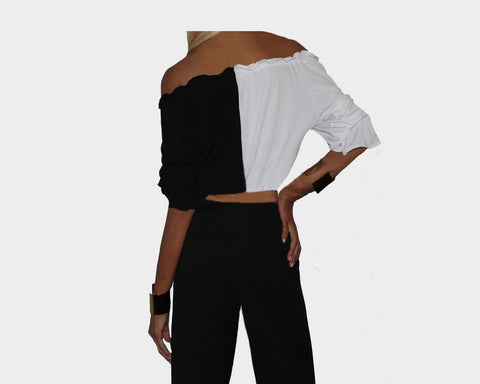 Two Tone Black & White Off Shoulder Crop Top - The St. Barth