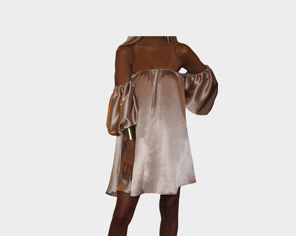 9.2 Golden Taupe Italian Silk Off the shoulder dress - The Milano