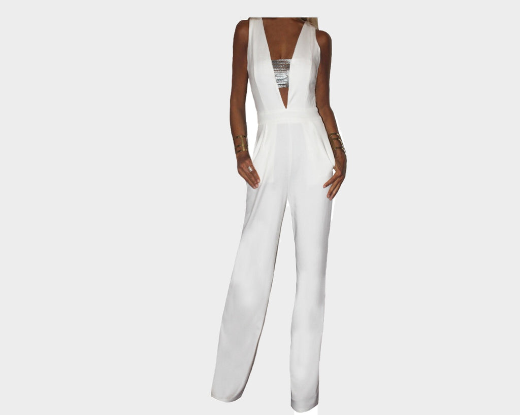 9.9 Pure White Deep V Jumpsuit - The Bel Air