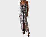 Leopard Black Sequins Front Slit Dress - The St. Barth