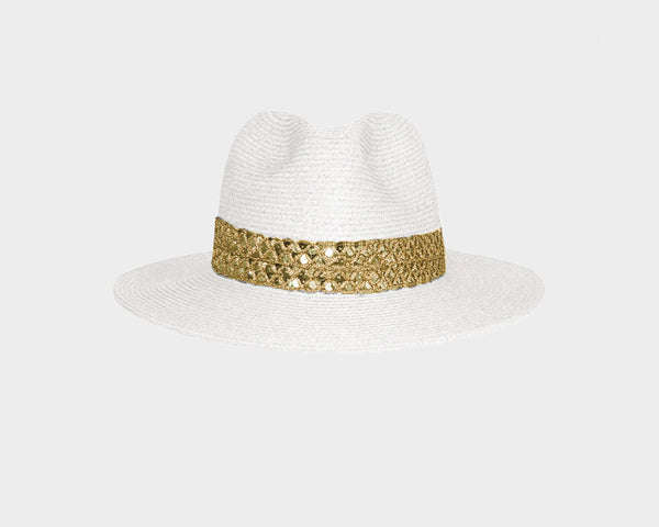 White and Gold Panama Style Sun Hat - The Sun Chaser